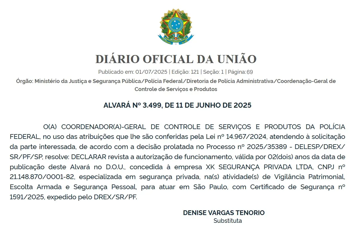 Alvará Nº 3.499 – XK Segurança Privada Ltda